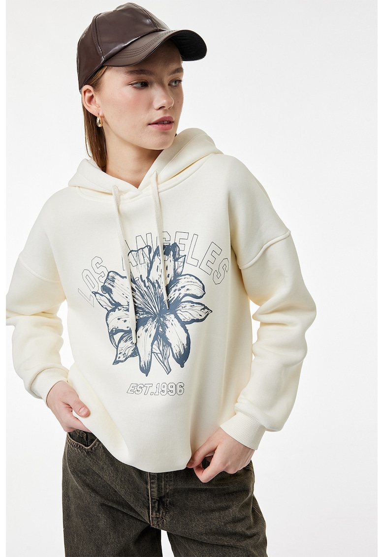 Hanorac lejer cu imprimeu si maneci cazute - Alb fildes