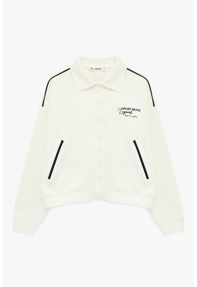 Bluza supradimensionata de trening cu fermoar si text brodat - Alb fildes/Negru