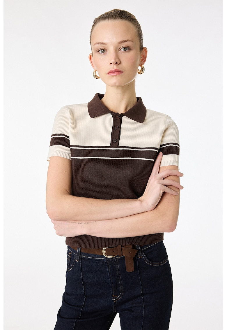 Pulover polo cu maneci scurte - Maro/Bej deschis