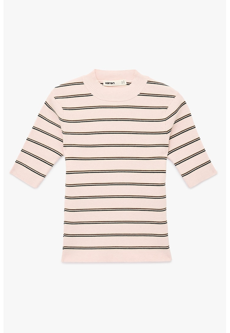 Tricou cu dungi si decolteu la baza gatului - Negru/Roz