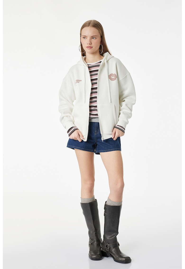 Hanorac cu fermoar si text - Alb fildes/Roz prafuit