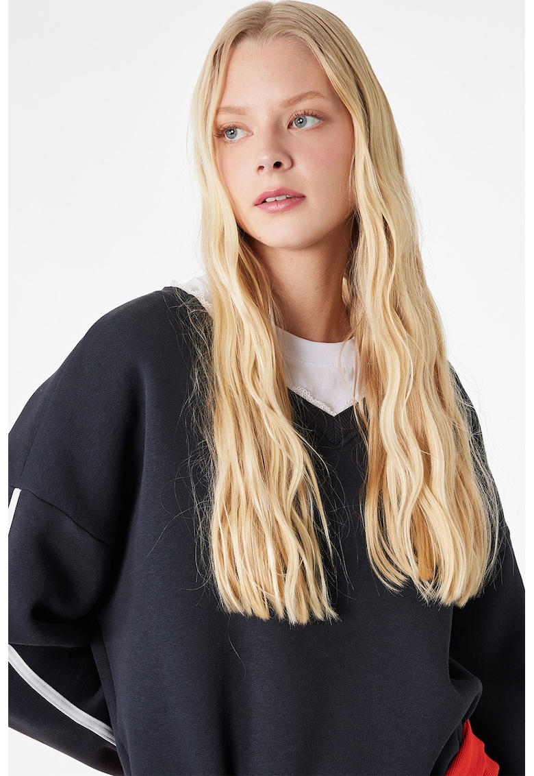 Bluza de trening cu decolteu in V si maneci cazute - Alb/Albastru ultramarin