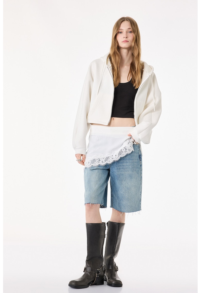 Hanorac crop din amestec de bumbac - Alb murdar