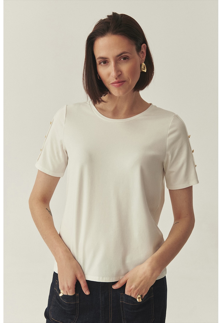Tricou din amestec de modal cu decolteu rotund - Auriu/Alb murdar