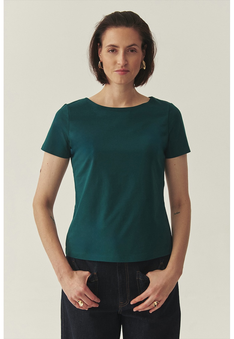 Tricou cu model uni si decolteu rotund - Verde englez
