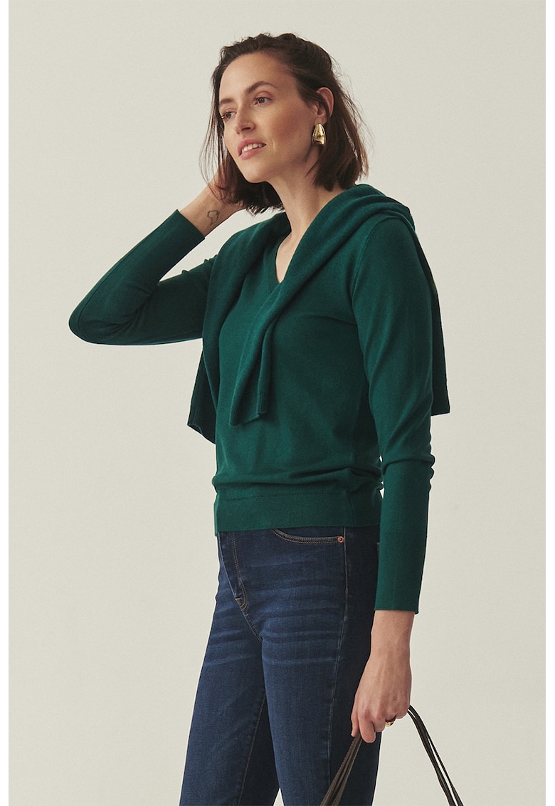 Pulover tricotat fin cu decolteu in V - Verde englez