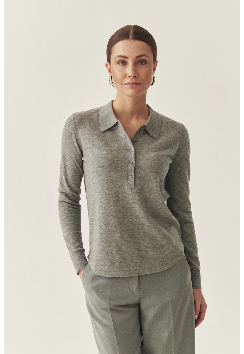 Bluza polo tricotata fin din lana - Gri melange
