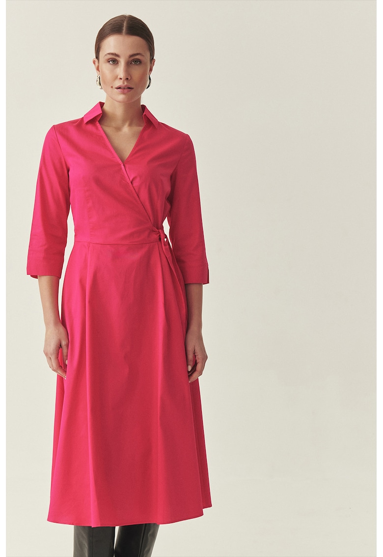 Rochie midi cu croiala petrecuta si guler clasic - Roz zmeuriu