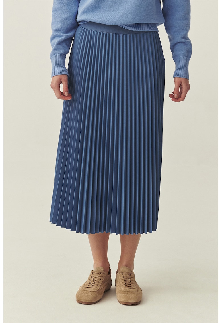 Fusta midi plisata cu talie elastica - Albastru inchis