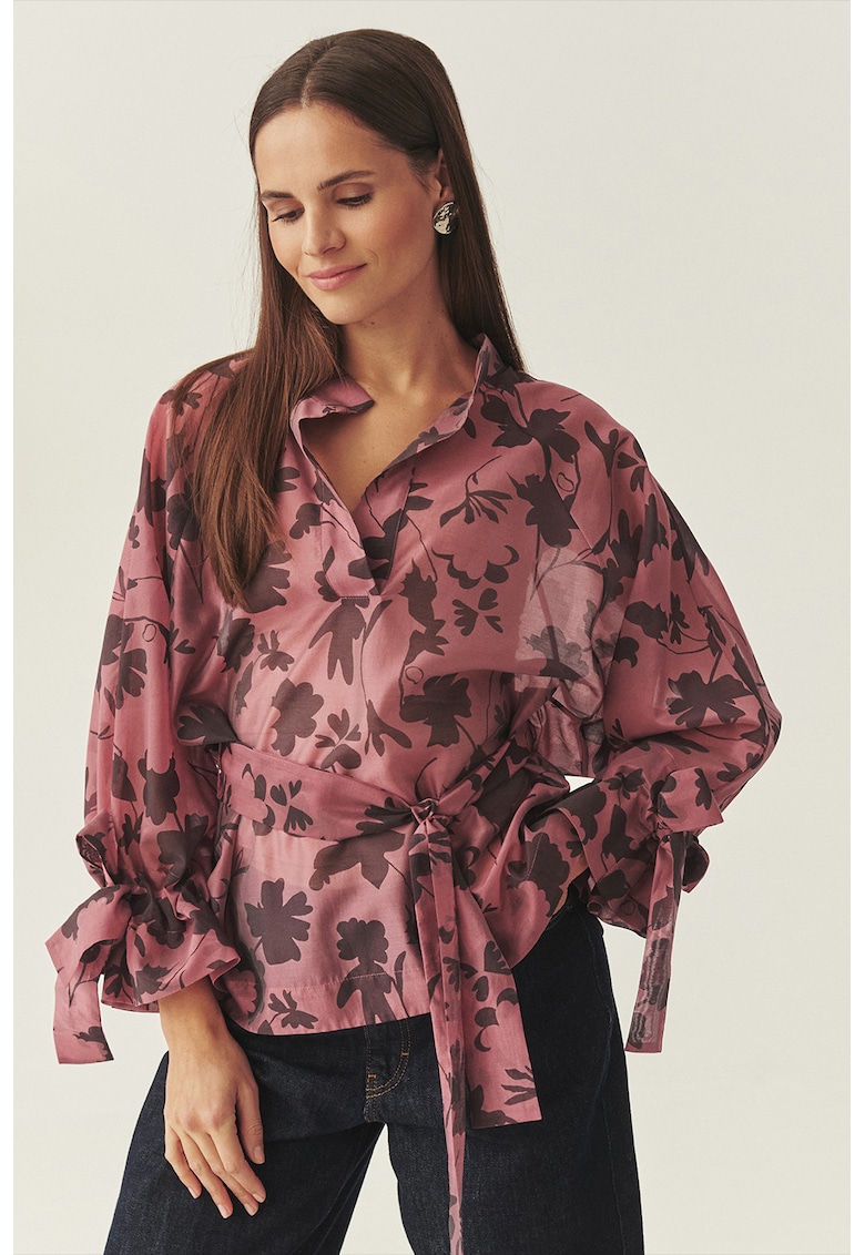 Bluza-tunica cu model floral si cordon in talie - Visiniu/Rosu capsuna
