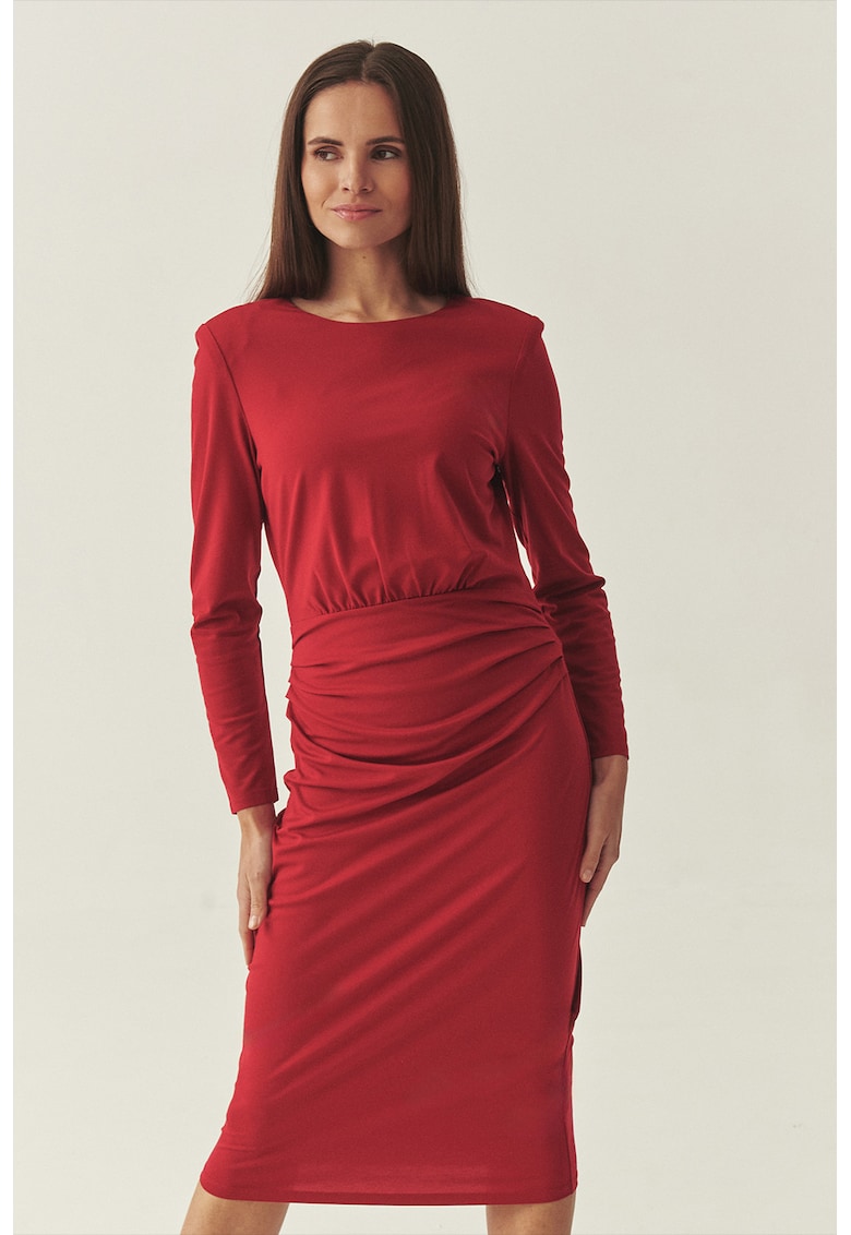 Rochie cu maneci lungi si detalii drapate - Rosu vermillion