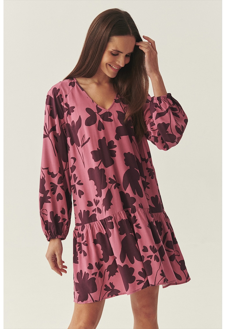 Rochie cu decolteu in V si model floral - Fucsia/Violet tyrian