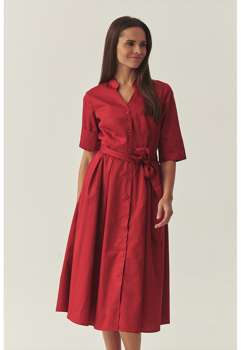 Rochie-camasa cu maneci medii si cordon in talie - Rosu vermillion