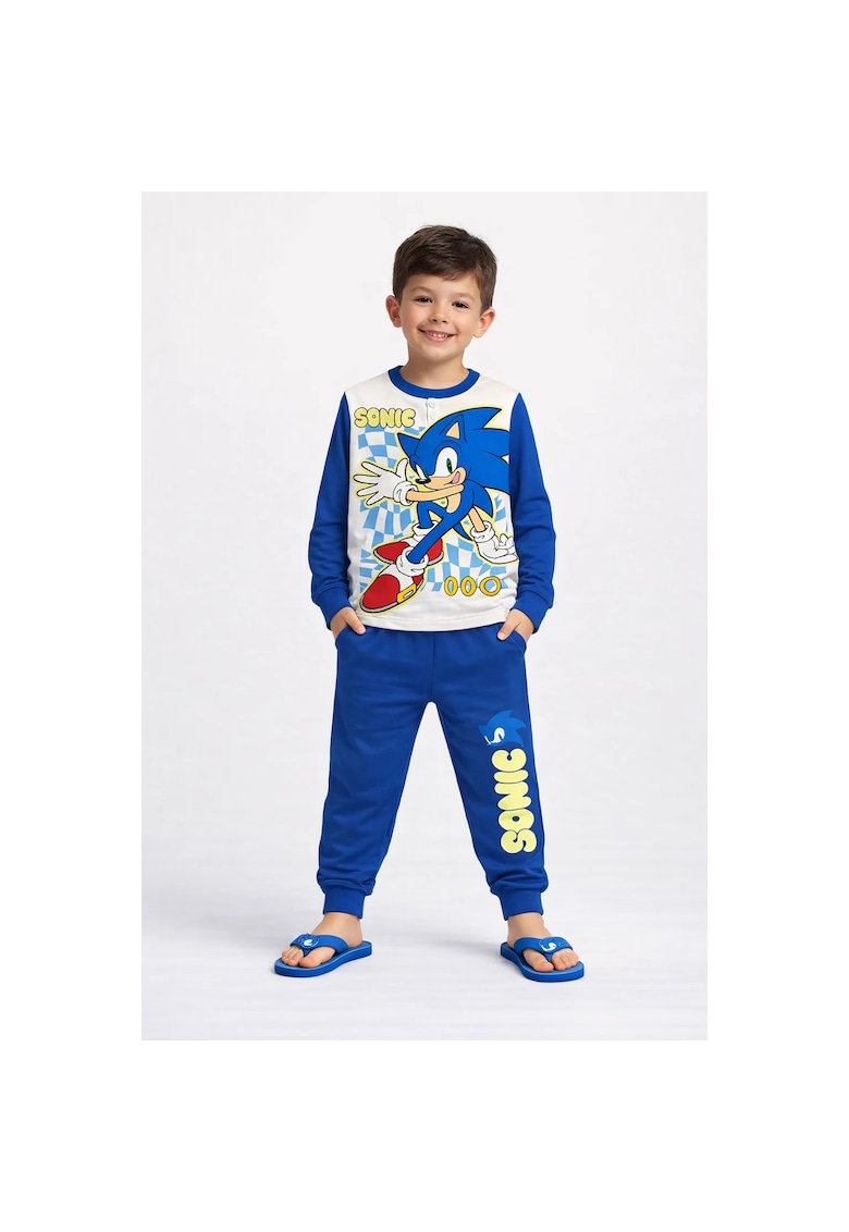 Pijama cu fenta cu nasturi si imprimeu cu desene animate - Albastru