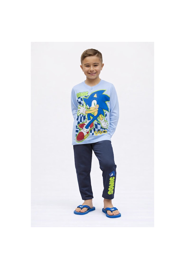 Pijama cu fenta cu nasturi si imprimeu cu desene animate - Albastru deschis