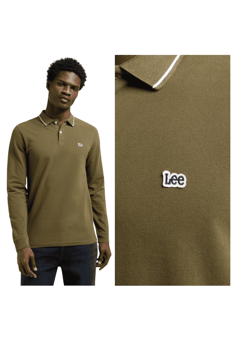 Tricou Polo Barbati - LS Pique Polo - Regular Fit - Cu Guler - Cu Logo - Design Clasic - Maneci Lungi - Bumbac - Verde - Verde