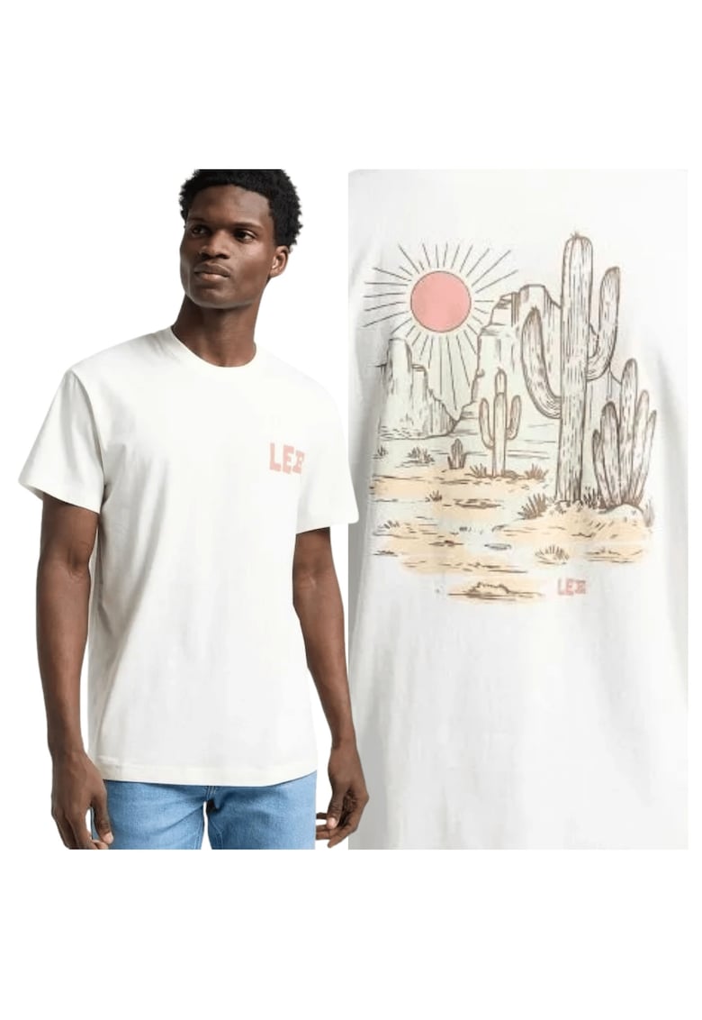 Tricou Barbati - Relaxed Graphic Tee - Regular Fit - Decolteu Rotund - Cu Logo - Design Clasic - Maneci Scurti - Bumbac - Alb - Ecru