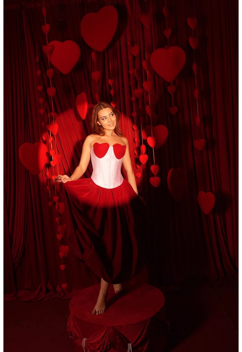 Fusta midi din catifea tip balon Veda - Rosu