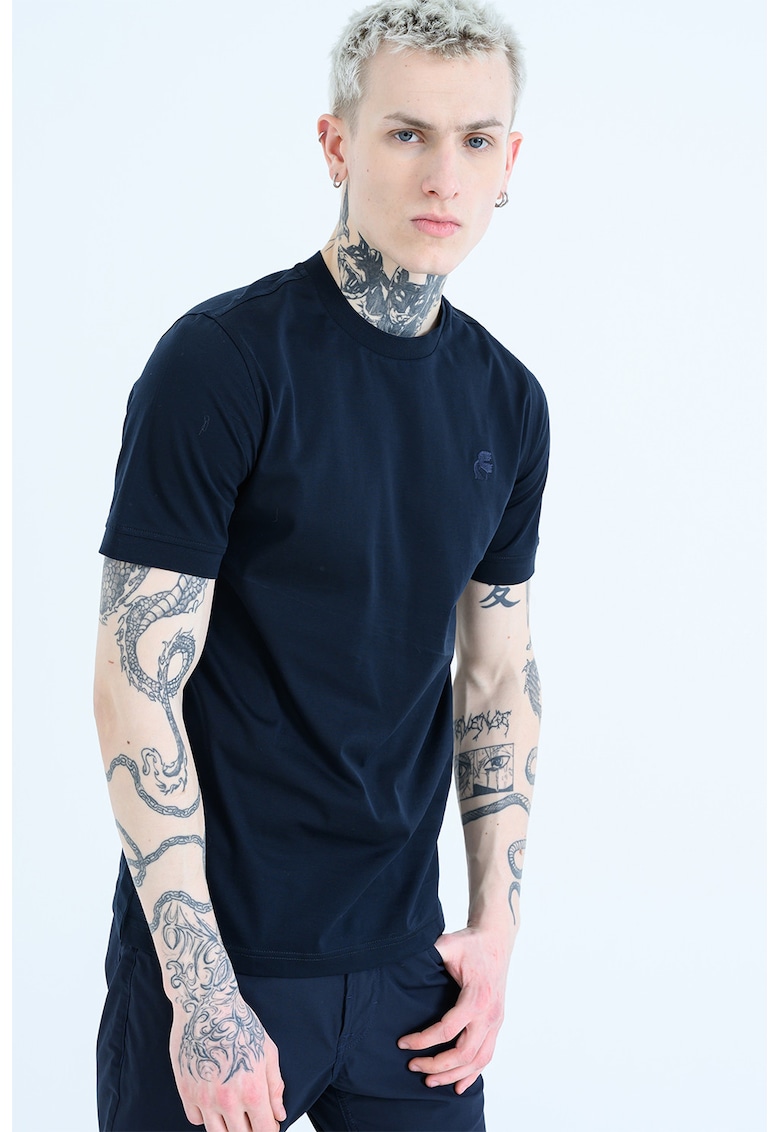 Tricou regular fit cu decolteu la baza gatului - Bleumarin