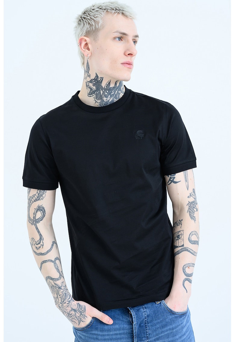 Tricou regular fit cu decolteu la baza gatului - Negru