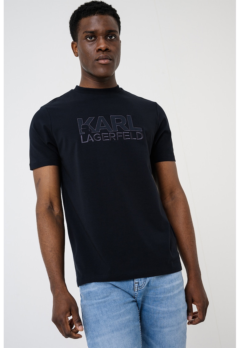 Tricou cu imprimeu logo si decolteu la baza gatului - Negru