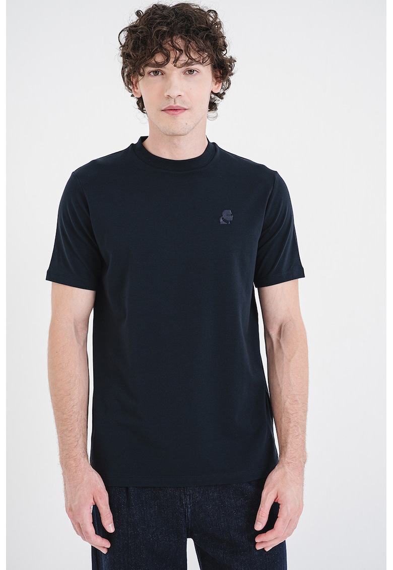 Tricou cu decolteu la baza gatului si logo brodat - Albastru ultramarin