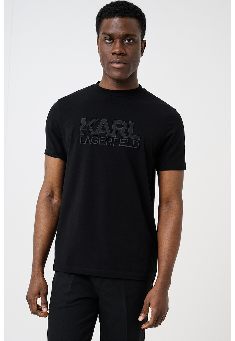 Tricou cu imprimeu logo si decolteu la baza gatului - Negru stins
