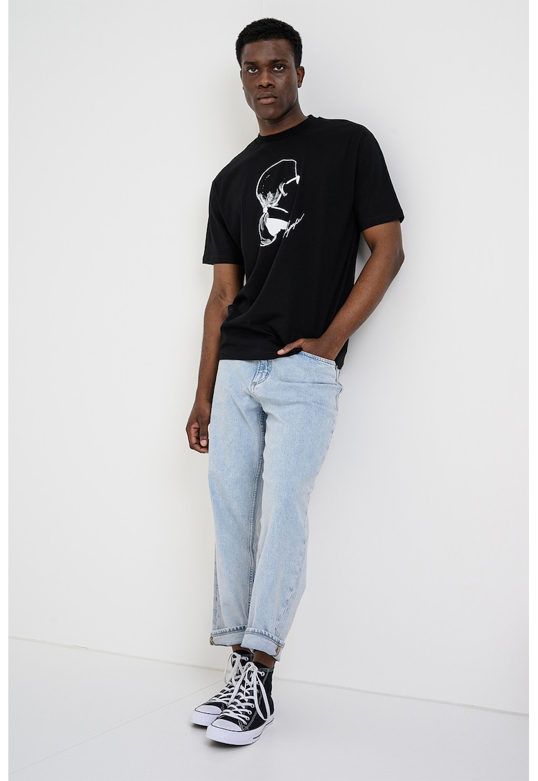 Tricou cu decolteu la baza gatului si imprimeu logo - Negru/Alb murdar