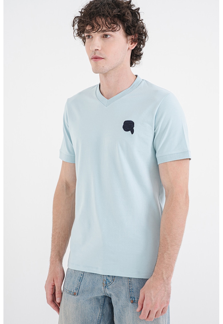 Tricou din amestec de bumbac cu decolteu en-coeur - Albastru deschis
