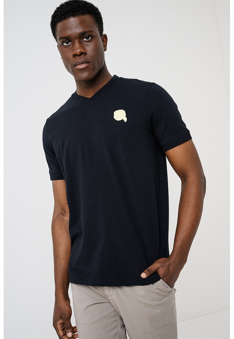 Tricou slim fit cu decolteu in V - Negru