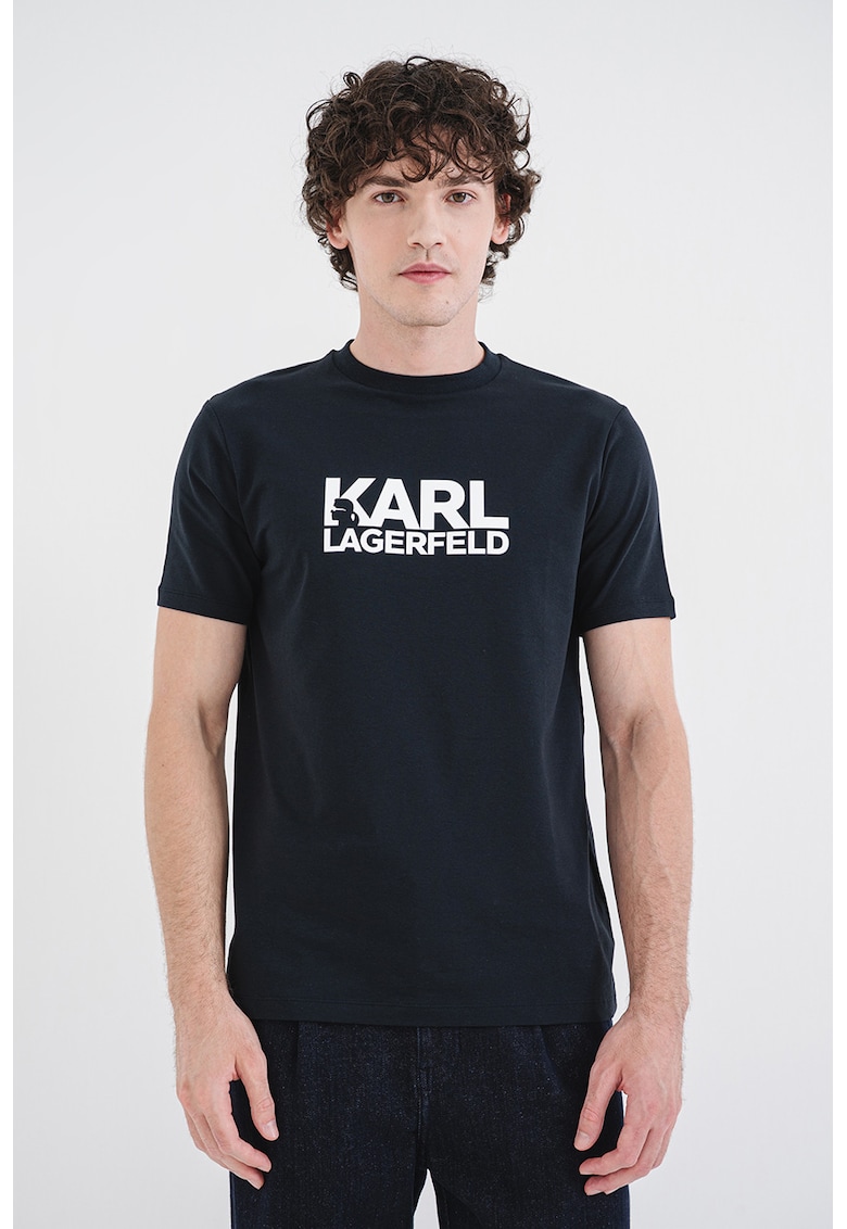Tricou cu decolteu la baza gatului si imprimeu logo pe piept - Negru