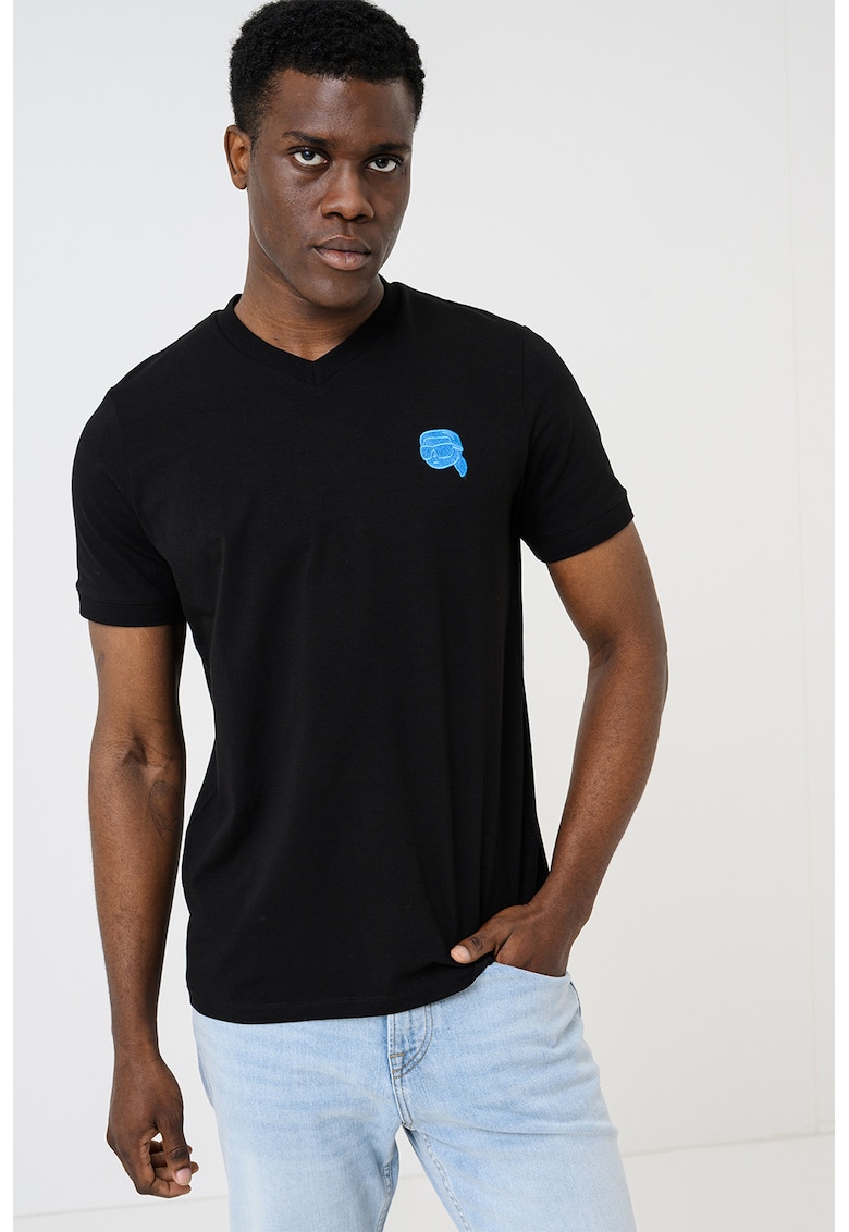 Tricou slim fit cu decolteu in V - Albastru pastel/Negru