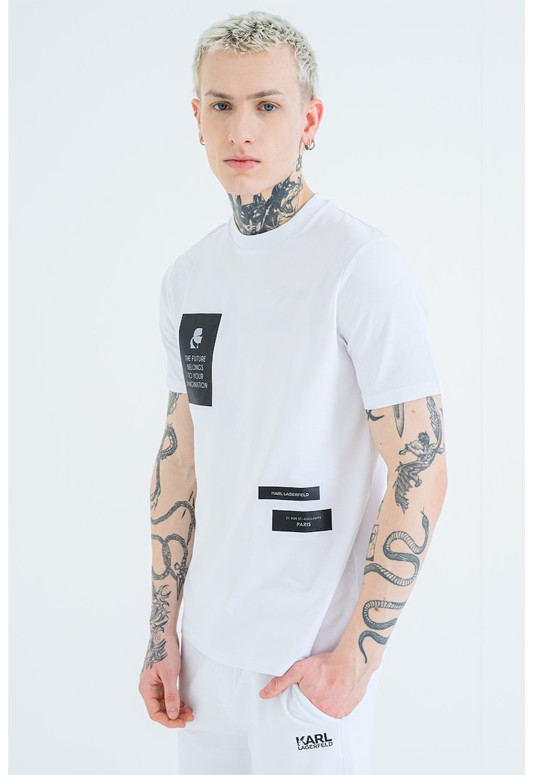Tricou cu decolteu la baza gatului si imprimeu - Alb/Negru