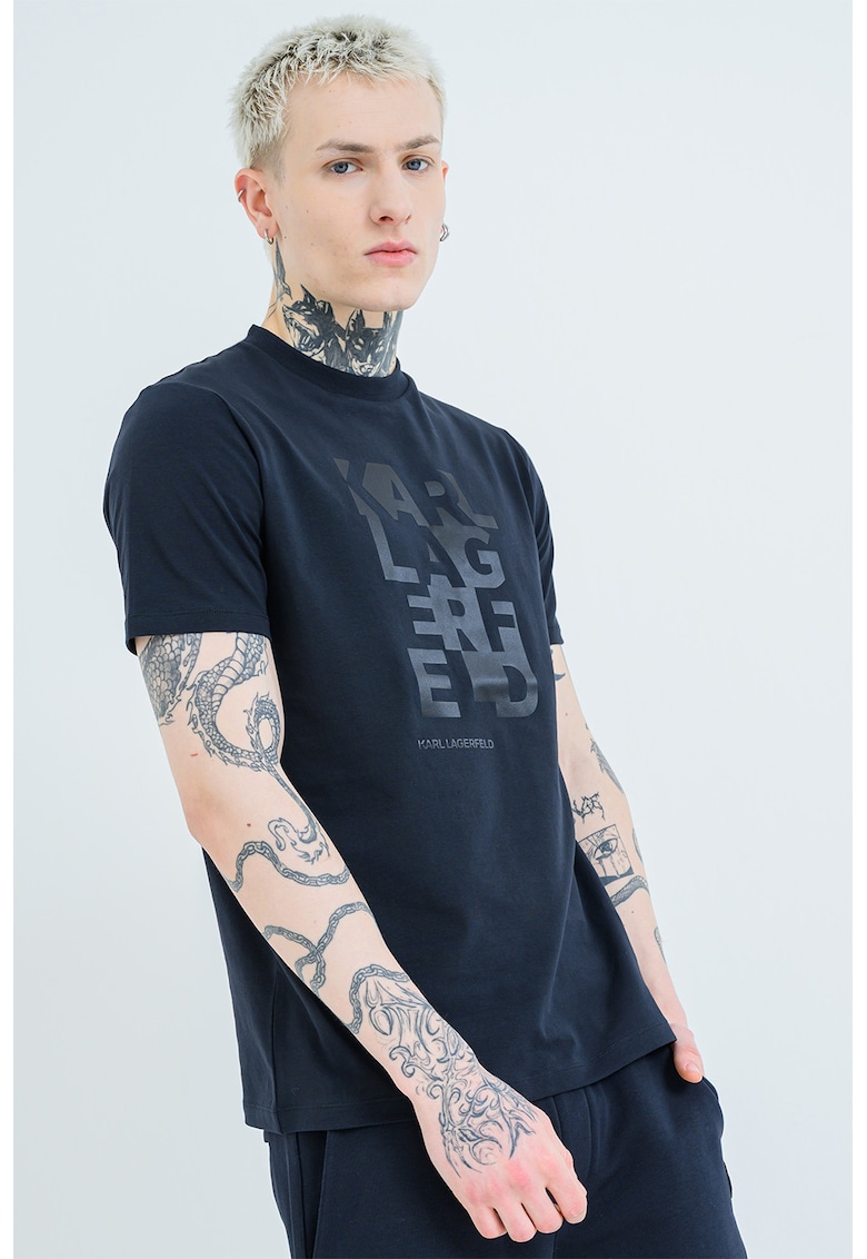 Tricou cu decolteu la baza gatului si imprimeu logo - Albastru ultramarin