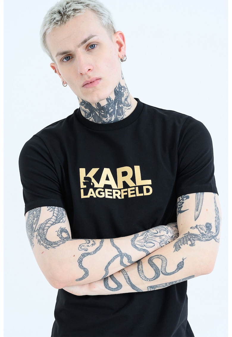 Tricou cu logo contrastant pe piept - Auriu/Negru