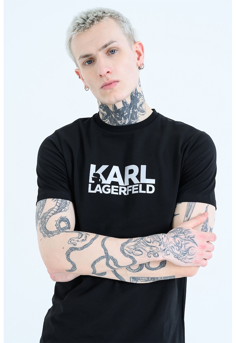 Tricou cu logo contrastant pe piept - Negru/Argintiu inchis