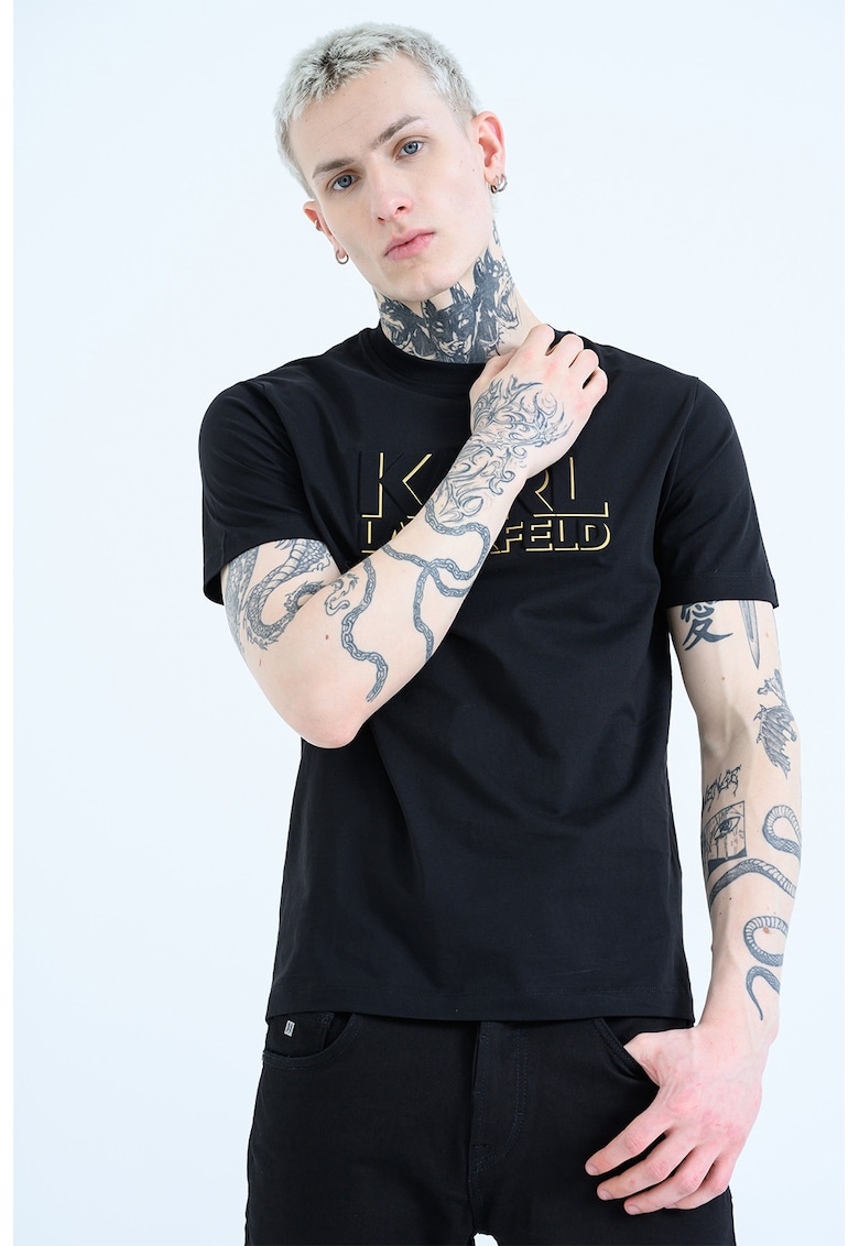 Tricou cu decolteu la baza gatului si imprimeu - Auriu/Negru