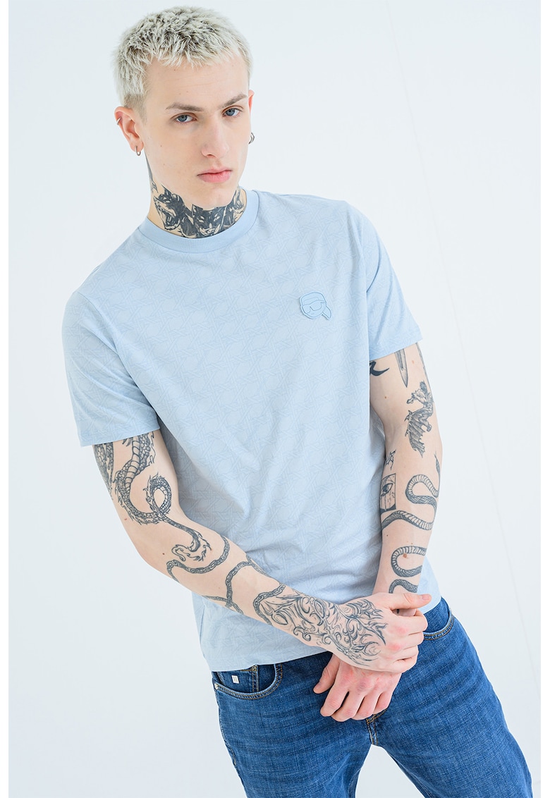 Tricou regular fit cu model monograma - Albastru glaciar