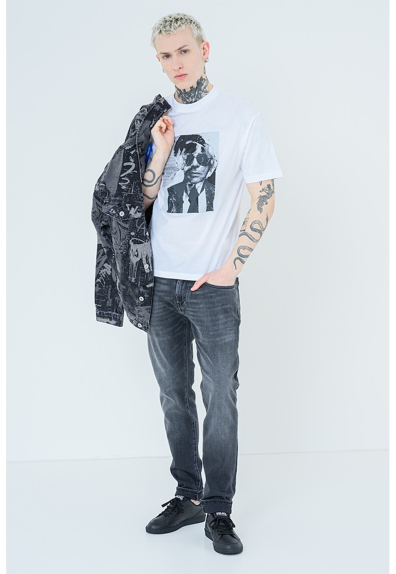 Tricou de bumbac cu impriemu grafic frontal - Alb/Gri cenusiu