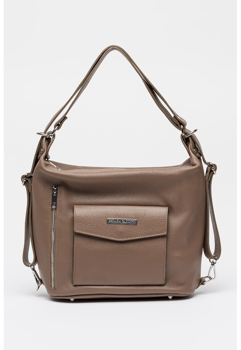 Geanta de piele cu bareta de umar si buzunar frontal cu clapa - Maro taupe
