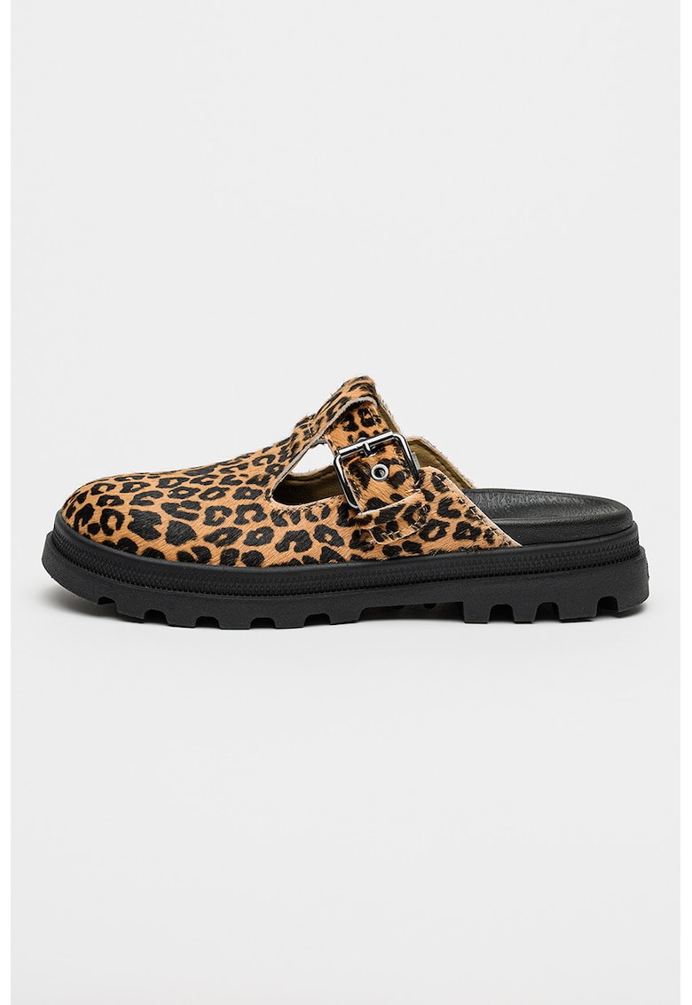 Saboti din piele intoarsa cu model animal print Denelite Pyla - Negru/Caramel