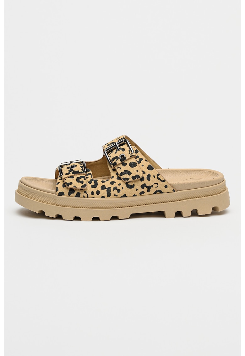 Papuci din piele intoarsa cu model animal print Dunelyte Pyla - Negru/Maro nisip