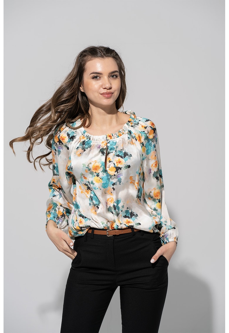 Bluza vaporoasa cu model - Turcoaz/Portocaliu deschis/Crem