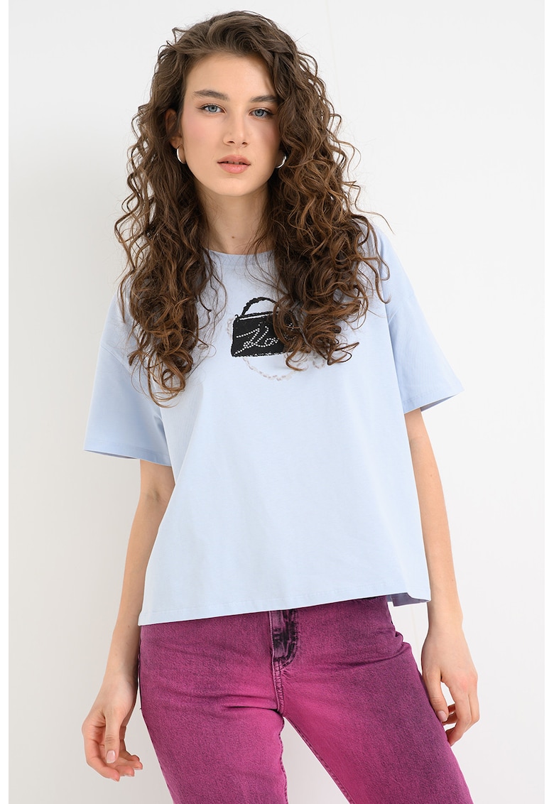 Tricou supradimensionat de bumbac organic Signature - Albastru pal