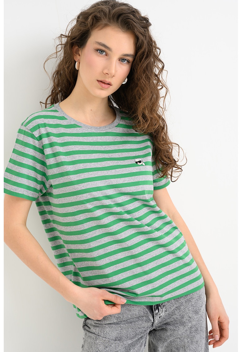 Tricou cu logo pe piept Ikon Stripe - Gri melange/Verde aquamarin
