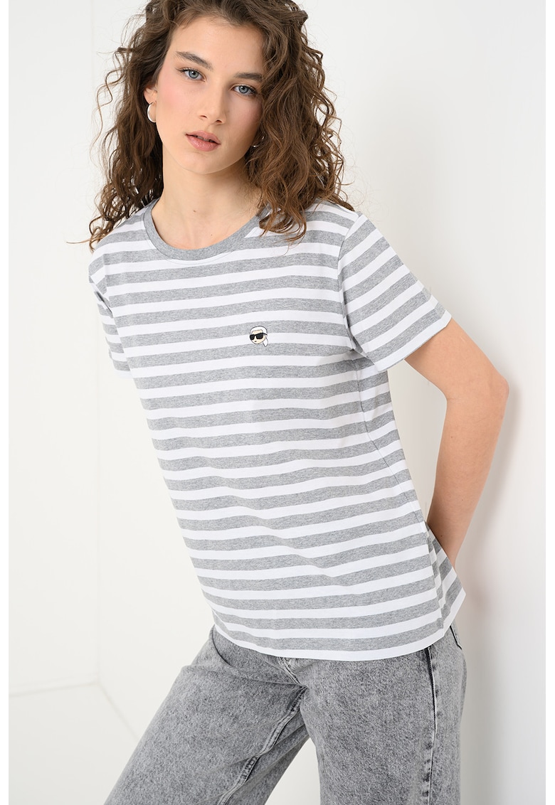 Tricou cu logo pe piept Ikon Stripe - Gri melange/Alb optic