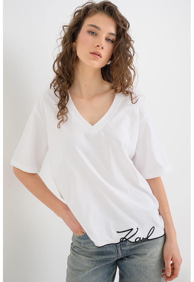 Tricou supradimensionat de bumbac organic cu decolteu in V Signature - Alb optic