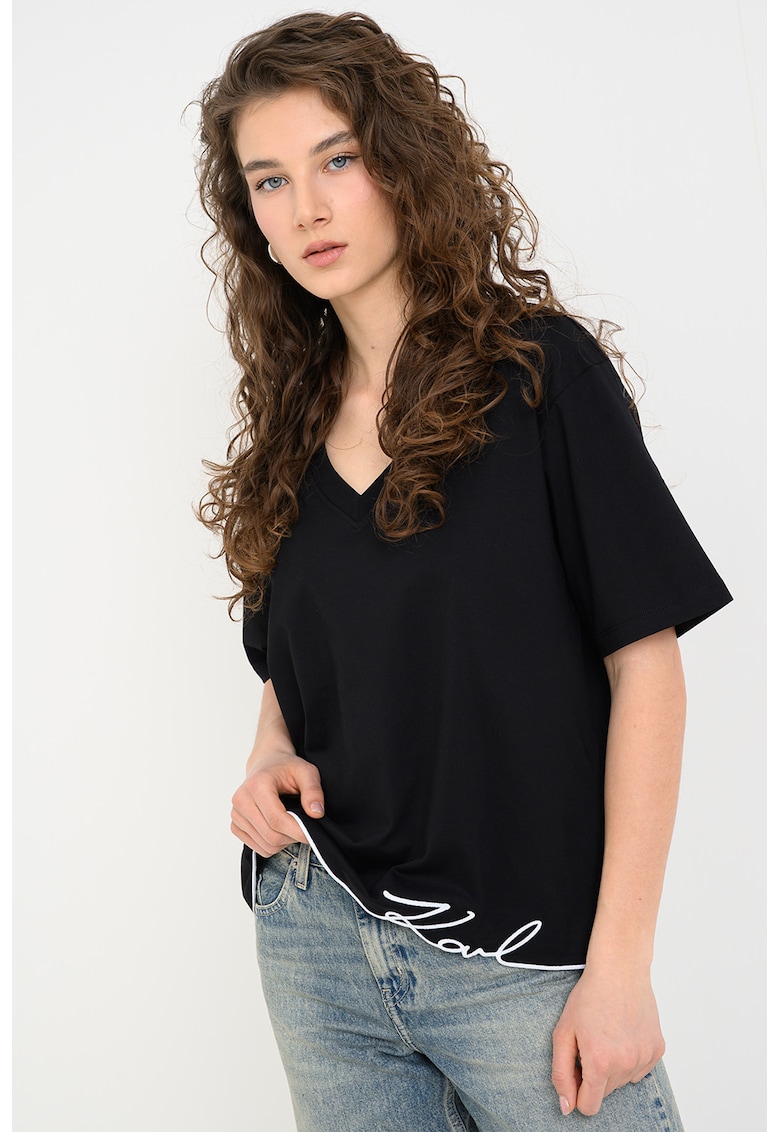 Tricou supradimensionat de bumbac organic cu decolteu in V Signature - Negru