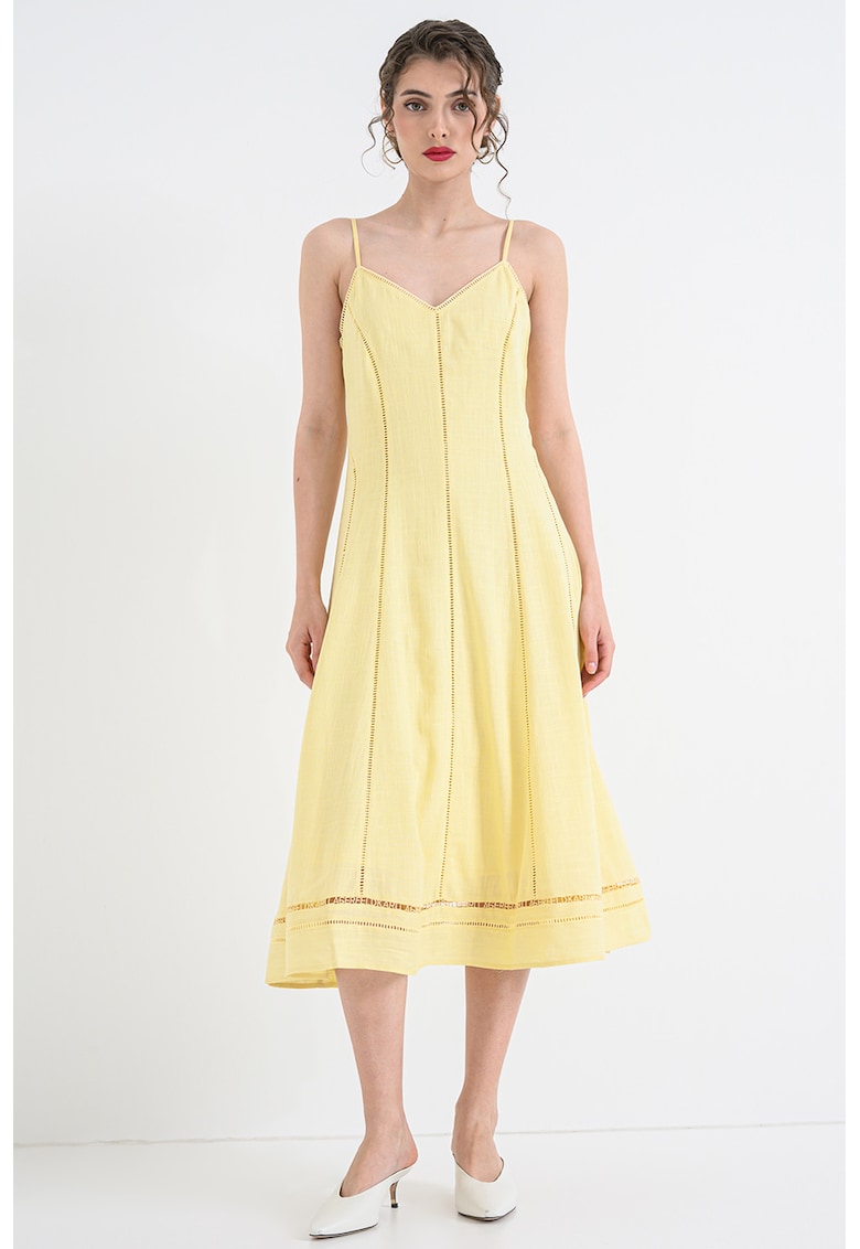 Rochie midi evazata cu detaliu cu logo brodat - Galben pai