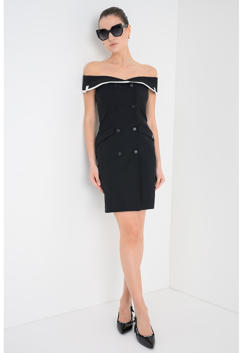 Rochie-sacou cambrata din amestec de lana cu model cu doua randuri de nasturi - Alb/Negru
